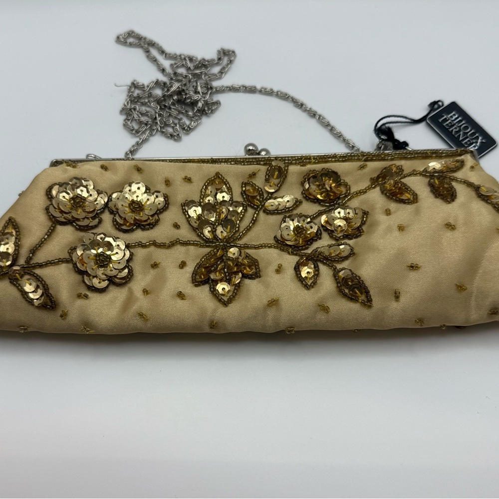 Bijoux Terner Gold Sequin Beaded Evening Clutch Kiss Lock Chain Strap NWT